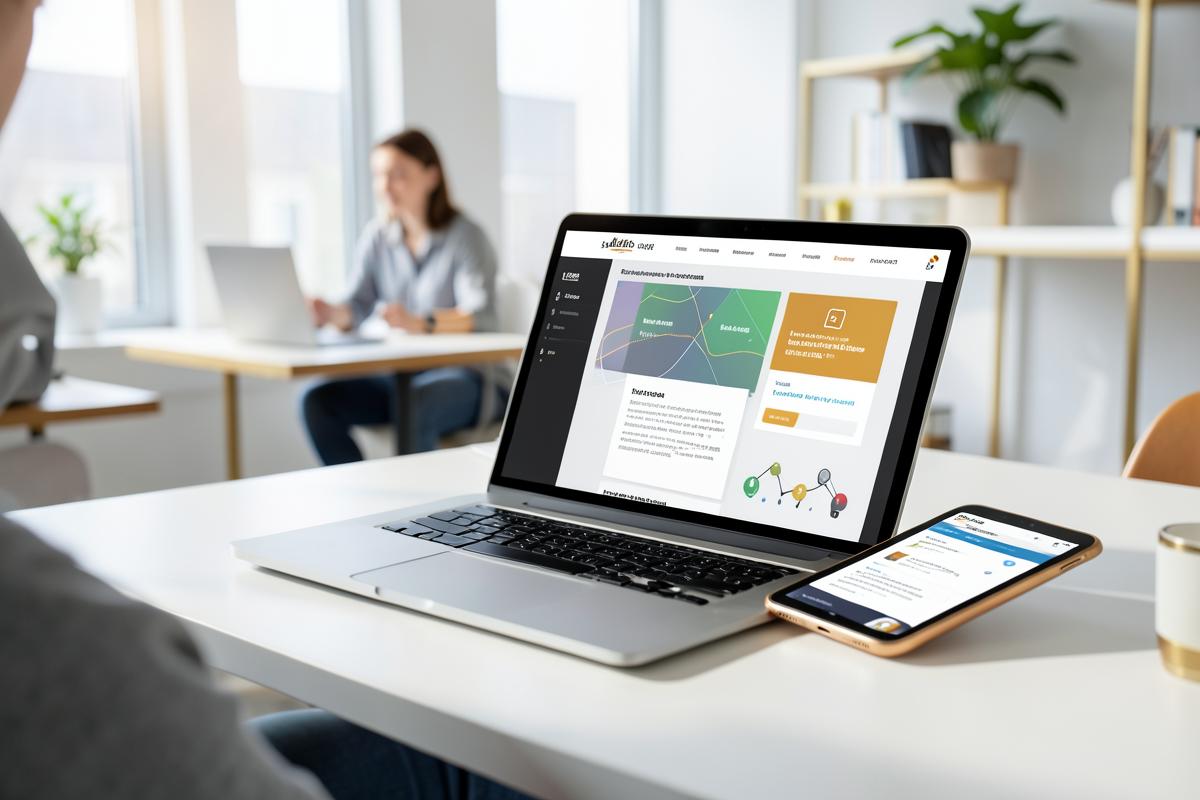 Education platform displayed on a laptop and phone in a learning studio